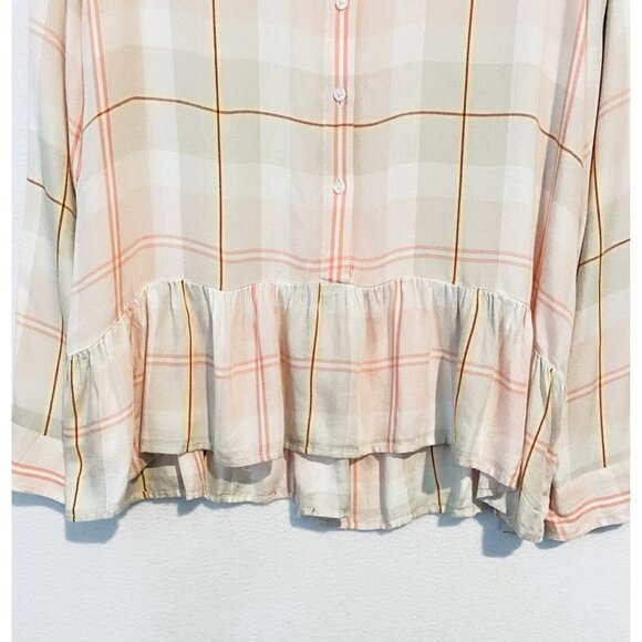 Express Top Womens Large Pink Plaid Button Up Ruffle Hem Long Sleeve Boho - Picture 2 of 8